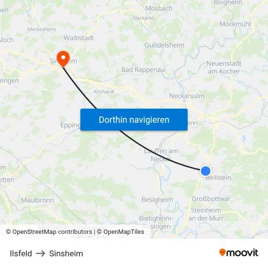 Ilsfeld to Sinsheim map