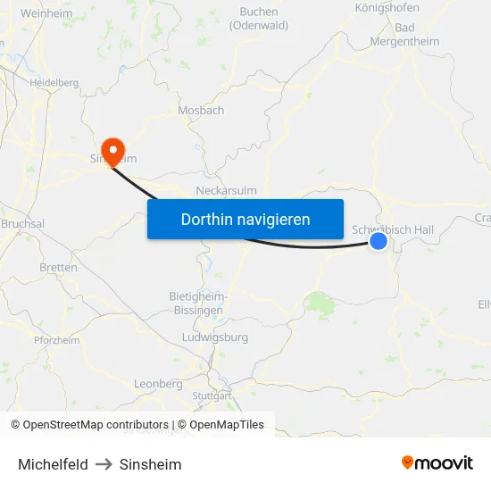Michelfeld to Sinsheim map