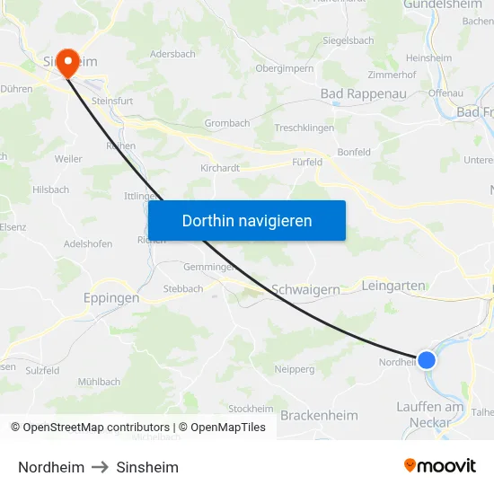 Nordheim to Sinsheim map