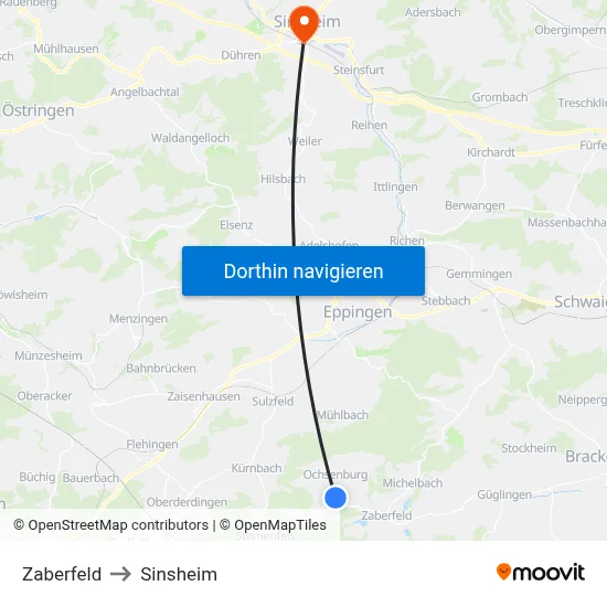Zaberfeld to Sinsheim map