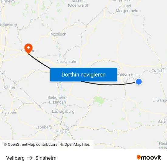 Vellberg to Sinsheim map