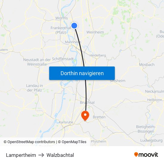 Lampertheim to Walzbachtal map