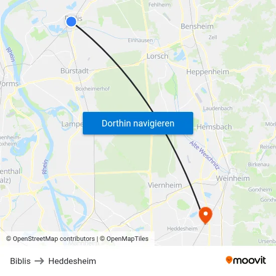 Biblis to Heddesheim map