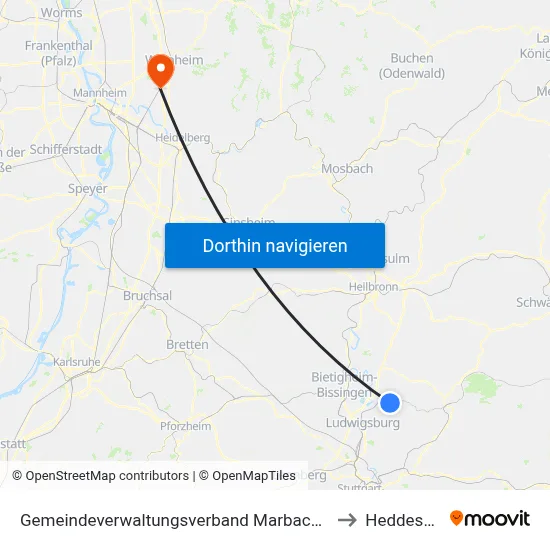 Gemeindeverwaltungsverband Marbach am Neckar to Heddesheim map