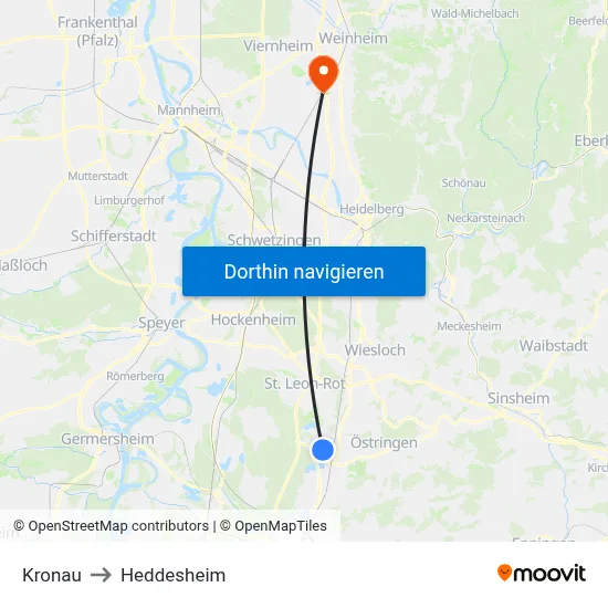 Kronau to Heddesheim map