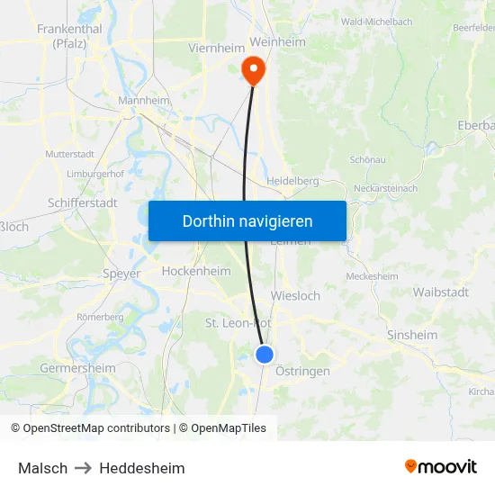 Malsch to Heddesheim map