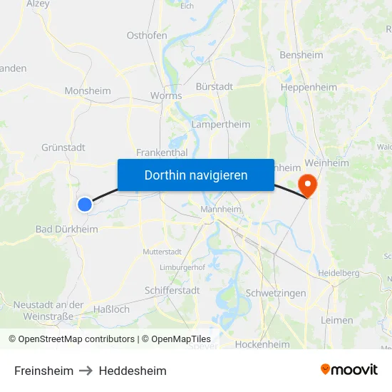 Freinsheim to Heddesheim map