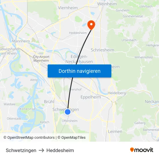 Schwetzingen to Heddesheim map