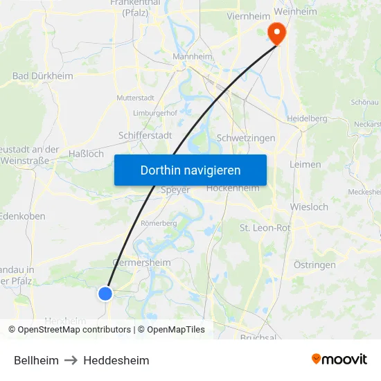 Bellheim to Heddesheim map