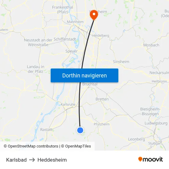 Karlsbad to Heddesheim map