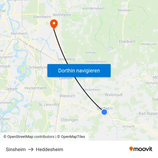 Sinsheim to Heddesheim map