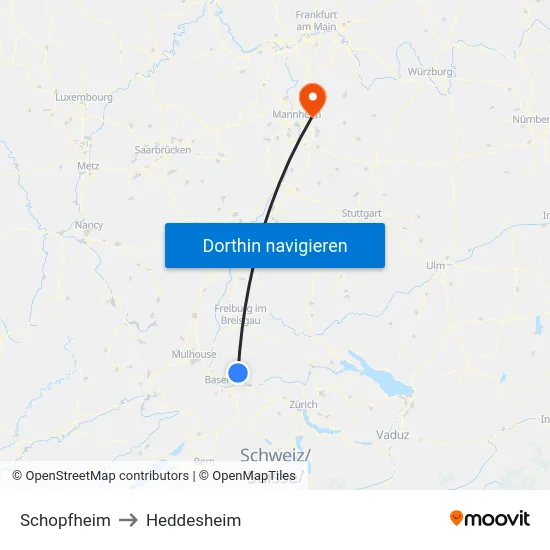 Schopfheim to Heddesheim map