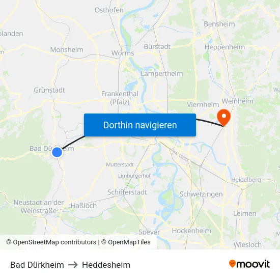 Bad Dürkheim to Heddesheim map