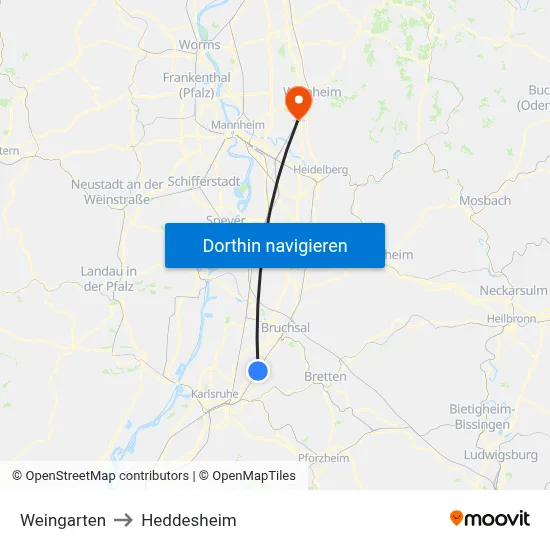 Weingarten to Heddesheim map