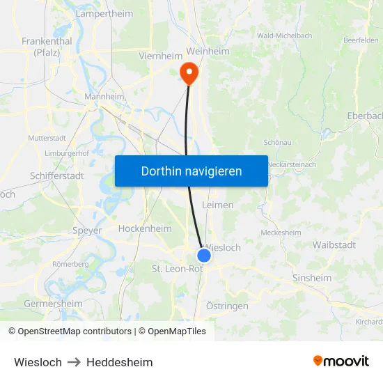 Wiesloch to Heddesheim map