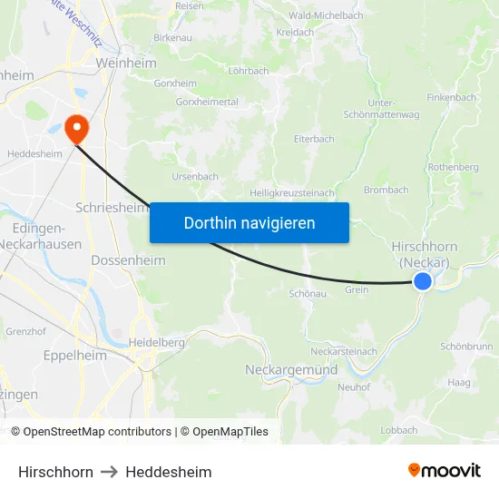 Hirschhorn to Heddesheim map