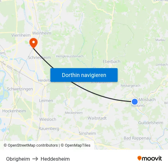 Obrigheim to Heddesheim map