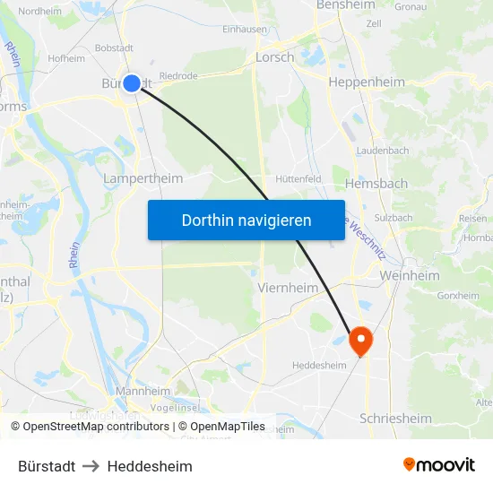 Bürstadt to Heddesheim map