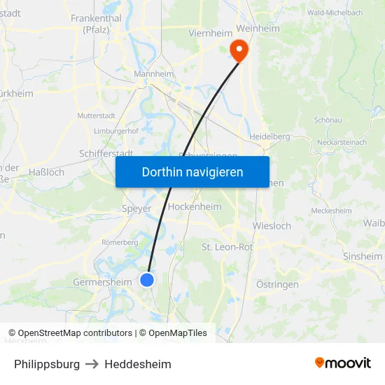 Philippsburg to Heddesheim map