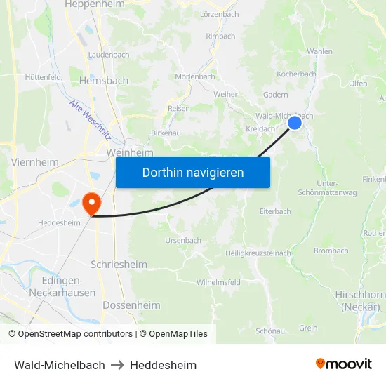 Wald-Michelbach to Heddesheim map
