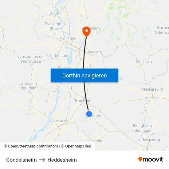 Gondelsheim to Heddesheim map