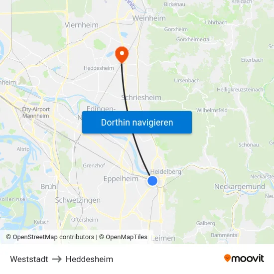 Weststadt to Heddesheim map