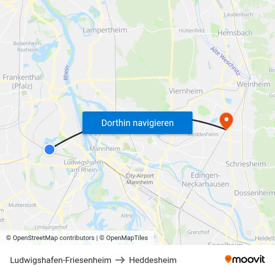 Ludwigshafen-Friesenheim to Heddesheim map