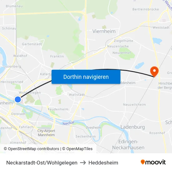 Neckarstadt-Ost/Wohlgelegen to Heddesheim map