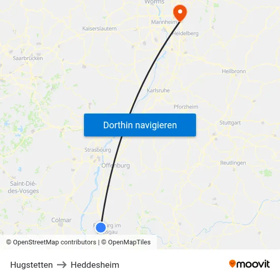 Hugstetten to Heddesheim map