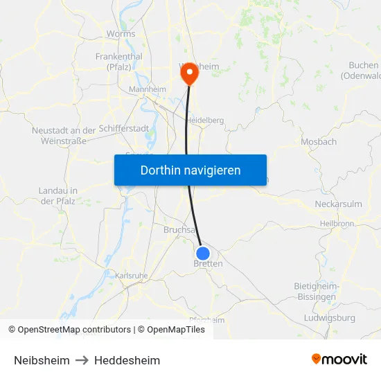 Neibsheim to Heddesheim map