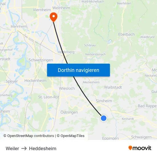 Weiler to Heddesheim map