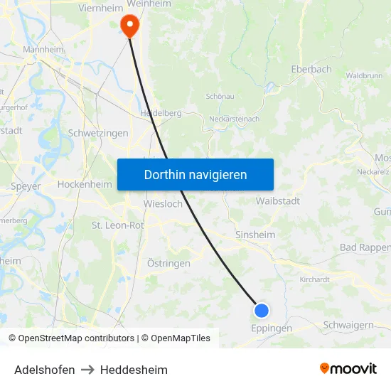 Adelshofen to Heddesheim map