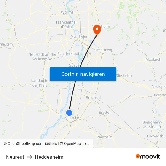 Neureut to Heddesheim map