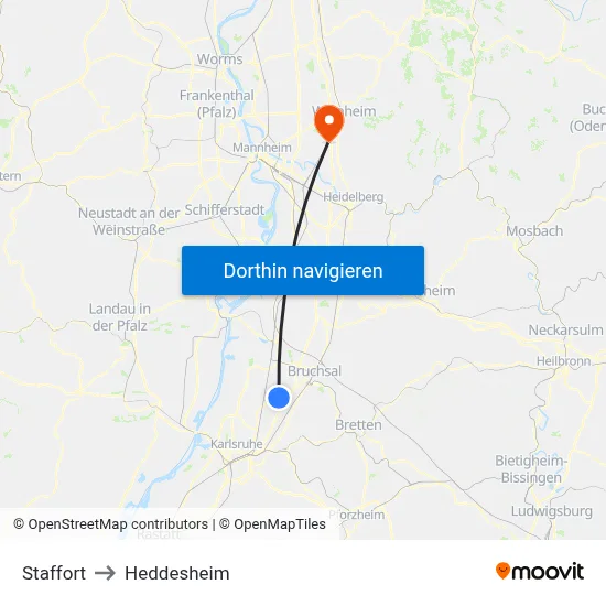 Staffort to Heddesheim map