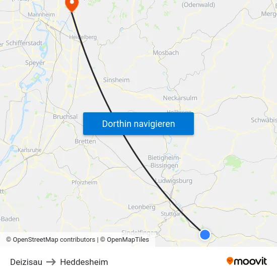Deizisau to Heddesheim map