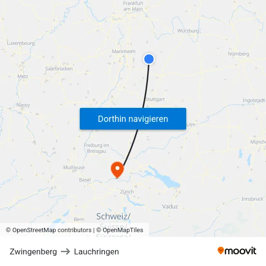 Zwingenberg to Lauchringen map