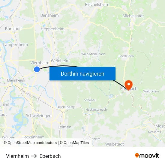Viernheim to Eberbach map