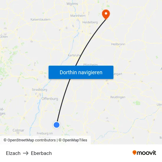 Elzach to Eberbach map