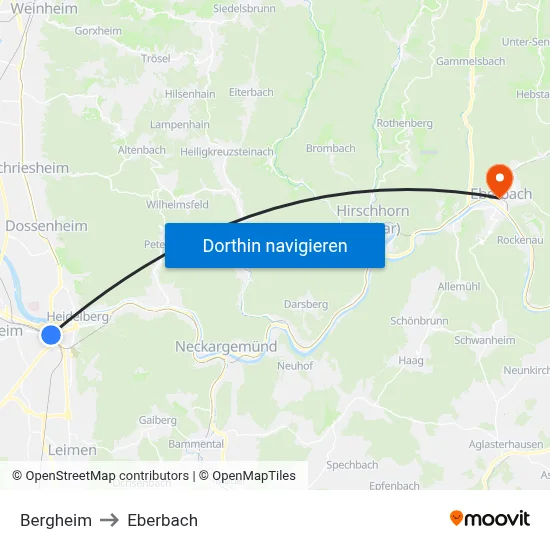 Bergheim to Eberbach map