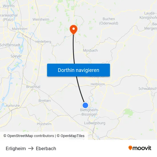 Erligheim to Eberbach map