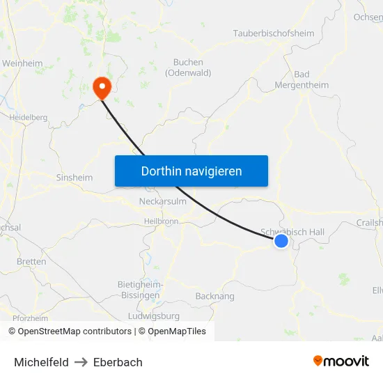 Michelfeld to Eberbach map