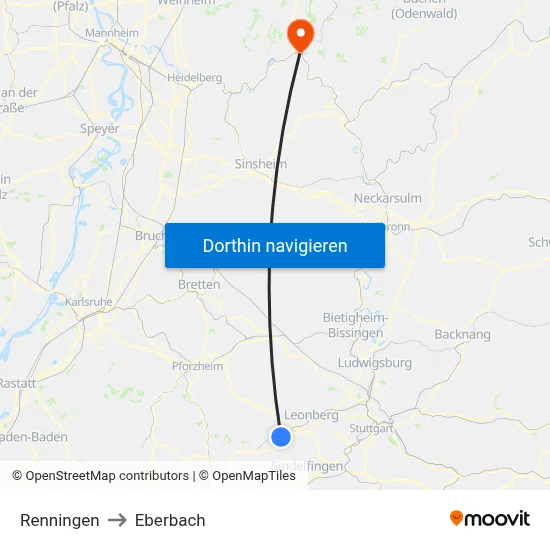Renningen to Eberbach map