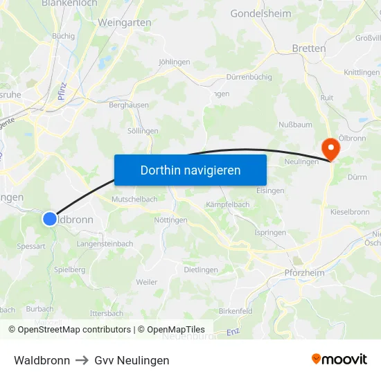 Waldbronn to Gvv Neulingen map