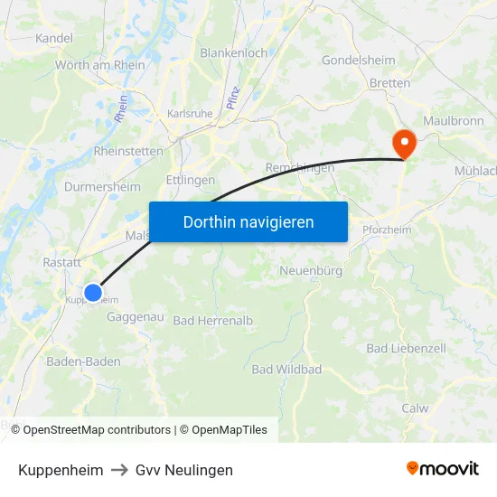 Kuppenheim to Gvv Neulingen map