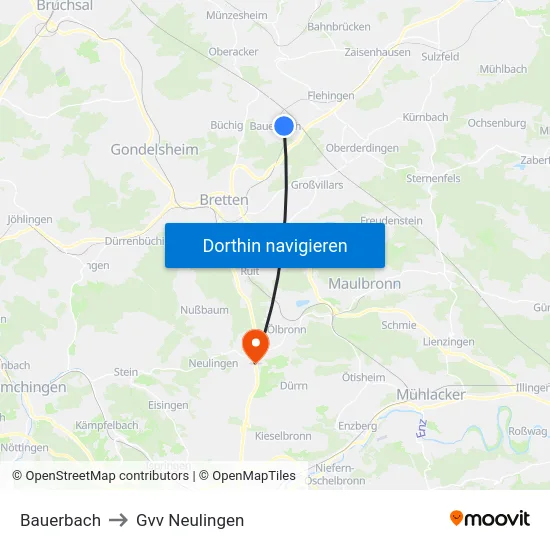 Bauerbach to Gvv Neulingen map