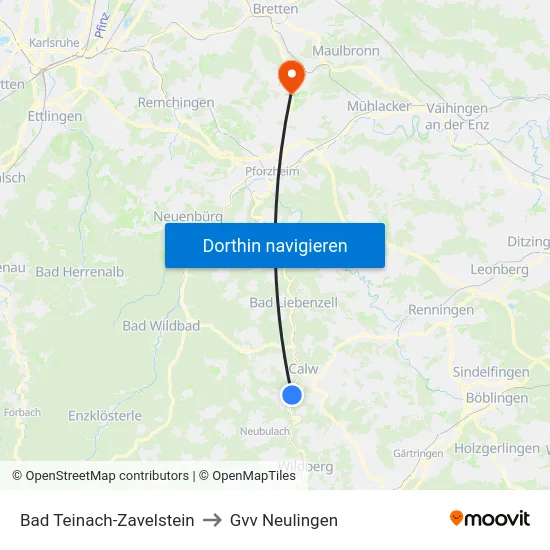 Bad Teinach-Zavelstein to Gvv Neulingen map