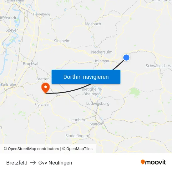 Bretzfeld to Gvv Neulingen map