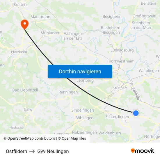 Ostfildern to Gvv Neulingen map