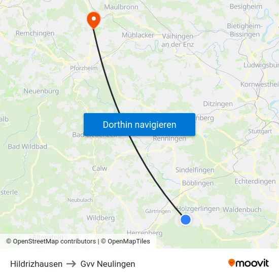 Hildrizhausen to Gvv Neulingen map