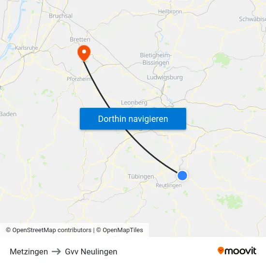Metzingen to Gvv Neulingen map